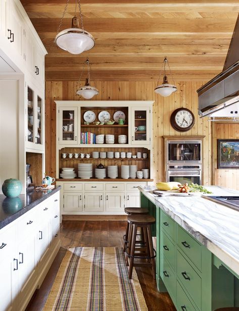 cabin kitchen with knotty pine walls and ceiling, white and green cabinets Painted Knotty Pine Walls Before After, White And Green Cabinets, Knotty Pine Kitchen Cabinets, Modern Log Cabin Interior, Knotty Pine Kitchen, 1950s Kitchen Remodel, Pine Kitchen Cabinets, Knotty Pine Paneling, Pine Paneling