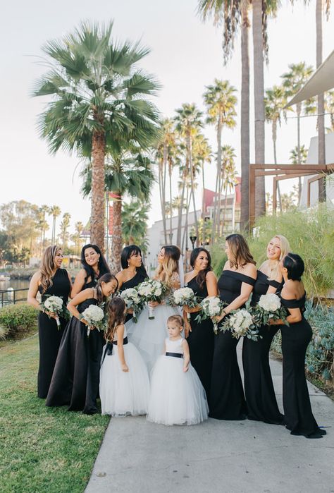 Mismatched black bridesmaid wedding dresses | A Black And White Sophisticated Wedding That Checks All Our Boxes - Nichanh Nicole Photos Black Bridesmaid Dresses Sposadresses, Black N White Wedding Ideas, All Black Affair Wedding, Black White Gold Bridesmaid Dress, Black Blue And White Wedding, Black Brodesmaids Dresses, Black And White Wedding Attire, White Bridesmaid Dresses Black Bride Dress, Black White And Blue Wedding