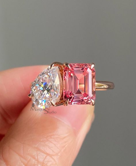 Lab Grown Gemstones, Two Diamond Ring, Two Stone Engagement Ring, Pink Sapphire Engagement Ring, Pink Sapphire Ring, Vintage Style Rings, Platinum Jewelry, Stone Engagement Ring, Stone Engagement Rings