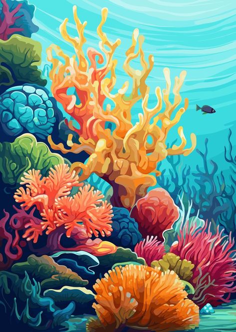 Beautiful 'Coral Reef Underwater' Poster Print by Mesh ✓ Printed on Metal ✓ Easy Magnet Mounting ✓ Worldwide Shipping. Buy online at DISPLATE. Finding Nemo Coral Reef, Underwater Plants Art, Cartoon Coral Reef, Coral Reef Underwater, Paintings Of Coral, Painting Coral Reef, Coral Poster, Underwater Reef, Corals Illustration