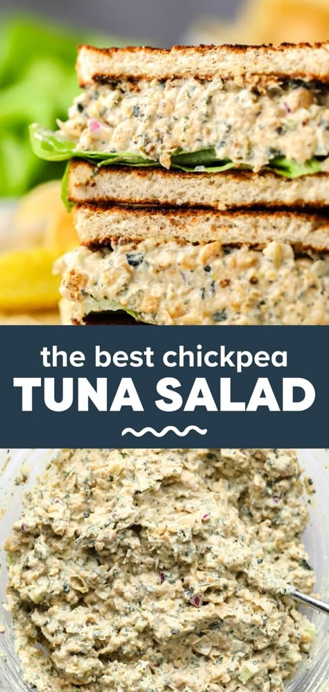 Load this Chickpea Tuna Salad into sandwiches, wraps, bowls, and more! Creamy mashed chickpeas replace the tuna in this picnic-perfect dish, while chopped nori lends a realistic ‘fishy’ flavor. An instant hit with all types of eaters! No Tuna Chickpea Salad, Chickpea Tuna Salad Sandwich, Vegan Chickpea Tuna, Mashed Chickpeas, Salads For Picnics, Vegan Tuna Salad, Tuna Fish Salad, Chickpea Sandwich, Vegan Tuna