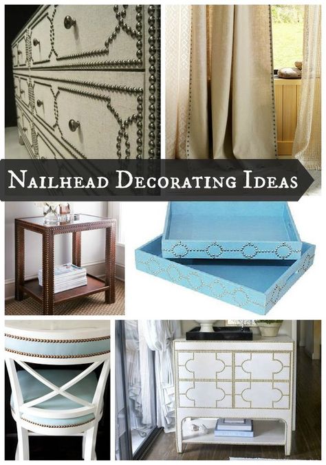 What do you think about the nailhead trim decorating trend that seems to be popping up everywhere this year? I love these outside the box ideas! Here are just a few pictures that might inspire you. Nailhead Furniture, Accent Wall Stencil, Large Curtains, Cleaning Blinds, Door Makeover, Furniture Inspiration, Nailhead Trim, Trending Decor, Furniture Making