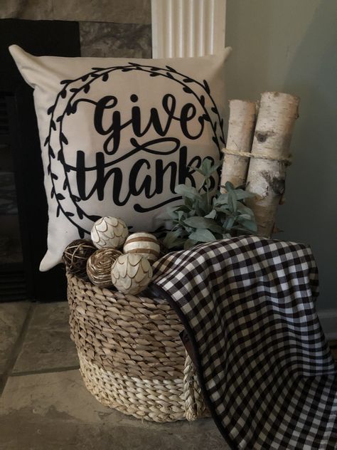 Basket On Hearth Decor, Blankets In Basket Decor, Foyer Basket Ideas, Pillows In Basket By Fireplace, Throw Blanket And Pillow In Basket, Basket By Fireplace Decor, Metal Basket Decor Ideas Living Room, Baskets On Fireplace Hearth, Basket On Fireplace Hearth