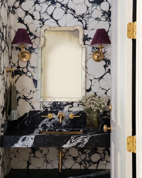 Our latest work: a formal powder bath that stops you in your tracks! Hand-marbled wallpaper by @ruleofthreestudio captivates alongside a… | Instagram Damask Wallpaper Bathroom, Calacatta Viola Powder Room, Statement Half Bath, Dramatic Half Bath, Bold Powder Room Wallpaper, Green Tile Powder Room, Powder Bath Wallpaper Ideas, Tile Wall Powder Room, Maximalist Powder Room