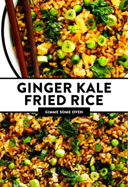 Ginger Kale Fried Rice | Gimme Some Oven Coconut Kale, Shrimp Tofu, Kale Stir Fry, Pepper Sandwich, Chicken Shrimp, Extra Protein, Gimme Some Oven, Dinner Healthy, Fried Rice Recipe