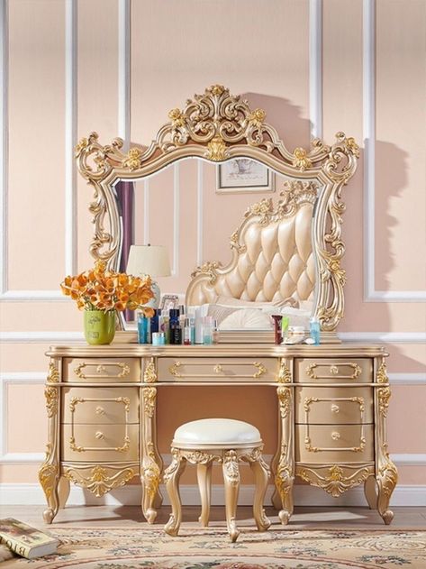 Large Dressing Table, Antique Vanity Table, French Vanity, Dresser Table, Dressing Table Design, Vanity Table Set, Living Room Decor Colors, Makeup Table Vanity, Antique Vanity