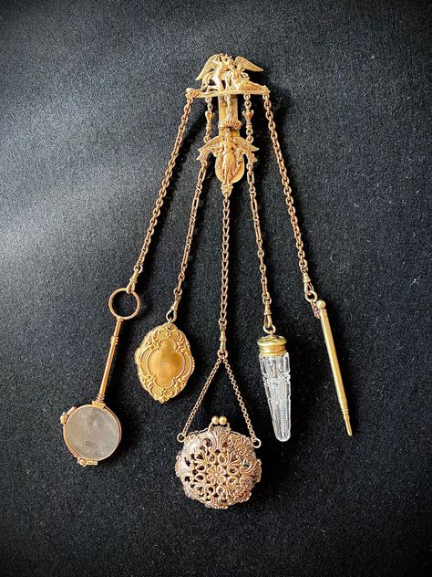 From late 1800s to early 1900s. Brass Vanity, Bonnet Hat, Scent Bottle, Mechanical Pencil, Chatelaine, Purse Accessories, Small Purse, Early 1900s, Antique Victorian