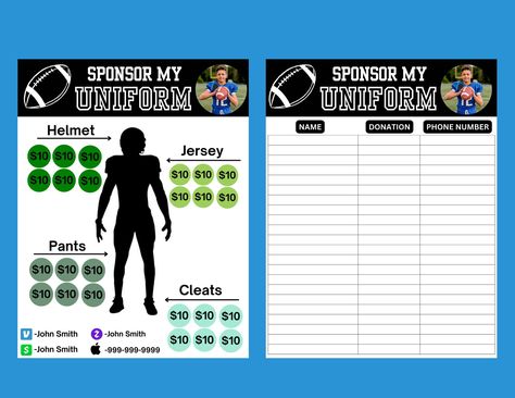 Transform your fundraising efforts with our innovative Football Sponsor Template. Whether you're organizing a Pop Warner fundraiser or collecting donations for your Pee Wee football team, this template is designed to help you secure sponsors to support your cause. With a user-friendly design, easily customize the template to showcase how sponsors can contribute to "Sponsor My Uniform" campaigns or other vital needs. Football Squares Fundraiser, School Sponsorship Levels, How To Get Sponsors For Sports, Sponsor My Uniform Fundraiser, Pee Wee Football, Cheer Calendar Fundraiser, Peewee Football, Football Fundraiser, Pee Wee