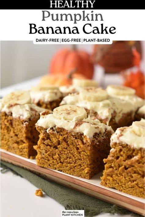 Pumpkin Banana Cake Pumpkin Banana Cake Recipes, Banana Pumpkin Recipes Healthy, Dairy Free Banana Dessert, Pumpkin Desserts Without Eggs, Healthy Pumpkin Banana Recipes, Healthy Banana Pumpkin Recipes, Pumpkin Banana Bars, Banana Recipes Dairy Free, Banana Pumpkin Recipes