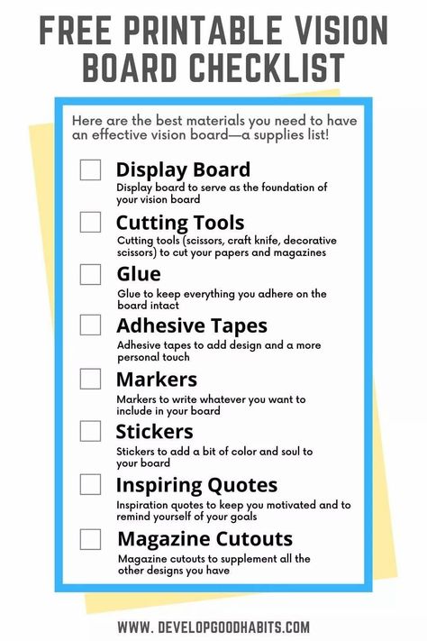 vision board supplies checklist printable Vision Board Party Supplies, Vision Board Supply List, Vision Board Categories, Beautiful Vision Boards, Vision Board Supplies, Vision Board Workshop, Free Vision Board, Work Vision Board, Prayer Vision Board