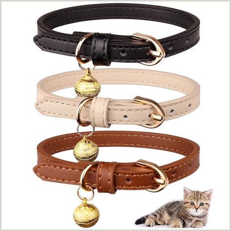 Jamktepat 3 Pack Leather Cat Collars with Bells Soft Pet Safety Collar Kitten Collars with Bell Black Chocolate Beige Fancy Collar, Kitten Accessories, Flower Cat Collar, Black Chocolate, Kitten Collars, Pet Kitten, Cat Tags, Pet Safety, Pink Collars