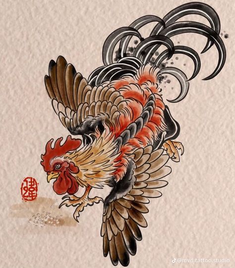 Japanese Style Tattoo Art, Polish Chicken Tattoo, Japanese Rooster Tattoo, Japanese Animal Tattoo, Tattoo Rooster, Japanese Rooster, Traditional Tattoo Drawings, Chicken Tattoo, Traditional Japanese Tattoo Designs