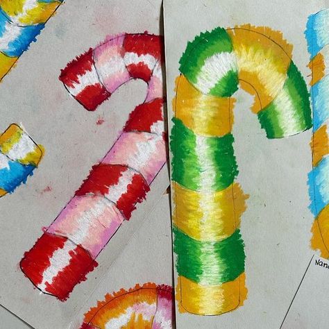 Linda DeMello on Instagram: "Oil pastel Candy Canes are happening in the Art Room this week! This is day 1 and my last class to start them. What a FUN project!! Kids love learning about techniques to make these look 3D👌🏼 I’ve seen these colorful candy canes posted by @katieplus4 ‘s students for many years, and I’m so happy to finally squeeze them in. Thanks for answering my questions Katie!! Can’t wait to finish next time! #4thgradeart #5thgradeart #elementaryart #winterart #candycaneart #candycane #oilpastel #blending #shading #hilight #form #value #holidays #holidayart #artteachersofinstagram #artteachersofig #teachersfollowteachers #artmatters #arteducation" Candy Cane Art Projects For Kids, Candy Cane Art, Elementary Lessons, Christmas Art Projects, 2nd Grade Art, Ornament Drawing, 4th Grade Art, 5th Grade Art, Pastel Candy