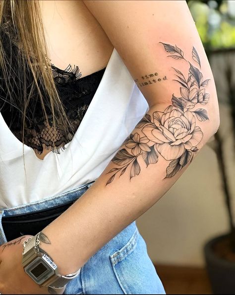 27 Stunning Forearm Tattoos To Vamp Up Your Femininity Shoulder And Forearm Tattoo, Women Half Sleeve Tattoo Classy Forearm, Arm Tattoos On Women, Fore Arm Tattoo Ideas, Feminine Tattoos Forearm, Tatoos Woman Forearm, Words Tattoo Arm Women, Woman’s Forearm Tattoo, Strength Forearm Tattoo