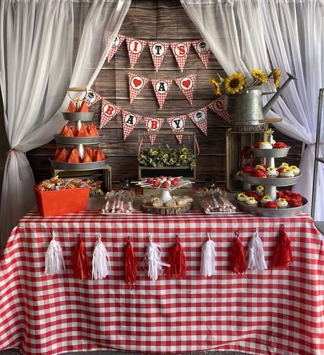 Bbq Dessert Table Ideas, Baby Q Baby Shower Ideas Backyard Bbq, Baby Shower Cookout Ideas, Barbecue Decorations Ideas, Baby Q Balloon Arch, Bbq Balloon Arch, Baby Q Decorations, Bbq Theme Birthday Party, Cookout Baby Shower Ideas