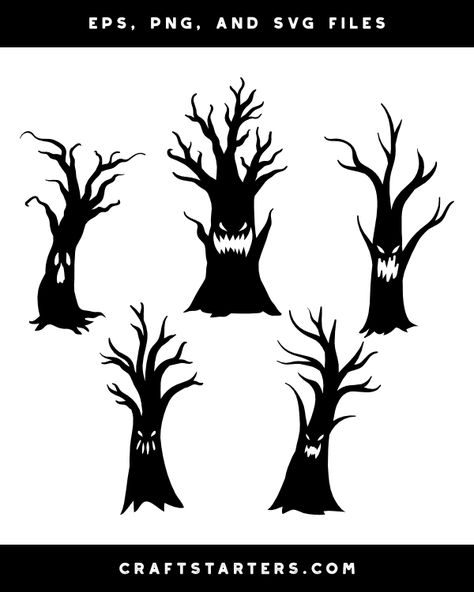 Haunted Tree Silhouette, Haunted House Silhouette Templates, Creepy Tree Silhouette, Scary Tree Silhouette, Halloween Tree Silhouette, Halloween Silhouettes Templates Free, Halloween Silouette Ideas, Spooky Tree Drawing, Spooky Trees For Halloween