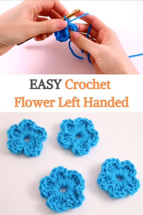 An easy and simple way to embellish your project. When you need a little accent for a project a flower is a perfect way to go. This one is easy enough for a beginner works up in a matter of minutes and with scraps of yarn. If you’re looking for a really simple and easy crochet flower, you’re in the right place. This one is great for stitching to a project for a little flower accent and even a beginner can crochet it. Easy Crochet Flower, Left Handed Crochet, Scrap Crochet, Crochet Blouses, Crochet Cardigan Pattern Free, Crochet Leaf Patterns, Crochet Flowers Easy, Crochet Flowers Free Pattern, Beginner Crochet Tutorial