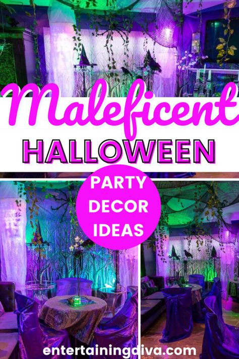 These maleficent party decor ideas are such a nice twist for Halloween party theme. You’ll find some colorful, spooky Halloween party decor ideas that everyone will obsess over! Maleficent Party Decorations, Halloween Scene Setters, Maleficent Cake, Halloween Candy Buffet, Halloween Party Decor Ideas, Maleficent Party, Maleficent Halloween, Green Christmas Lights, Halloween Haunted House Decorations