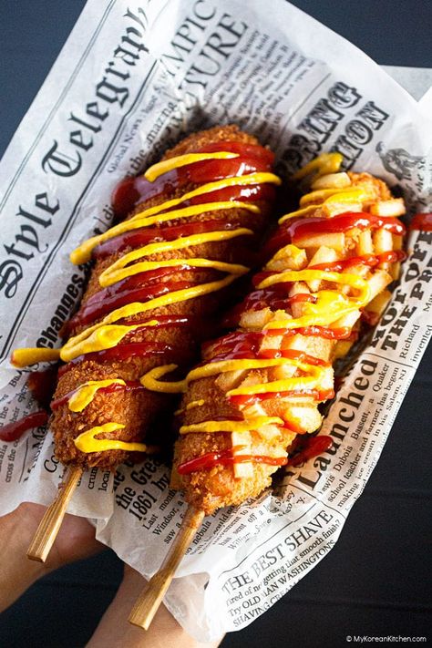 Korean Hot Dog Recipe, Korean Corn Dog Recipe, Corn Dog Batter, Corn Dog Recipe, My Korean Kitchen, Korean Corn Dog, Korean Corn, Easy Korean Recipes, Corndog Recipe