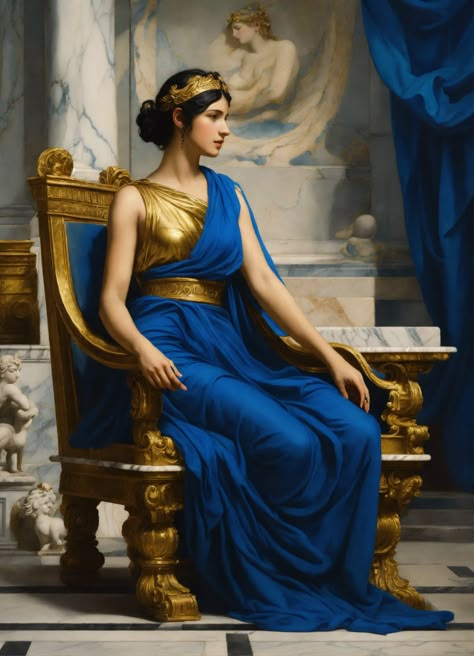 Lexica - Neoclassical art. Neoclassical Painting. Full body. Hera. Greek Goddess. Enticing woman. Black hair. royal blue toga. Marble throne Roman Outfits, Ancient Rome Clothing, Greek Goddess Outfit, Hera Greek Goddess, Ancient Roman Clothing, Athena Costume, Neoclassical Painting, Hera Goddess, Amazons Women Warriors