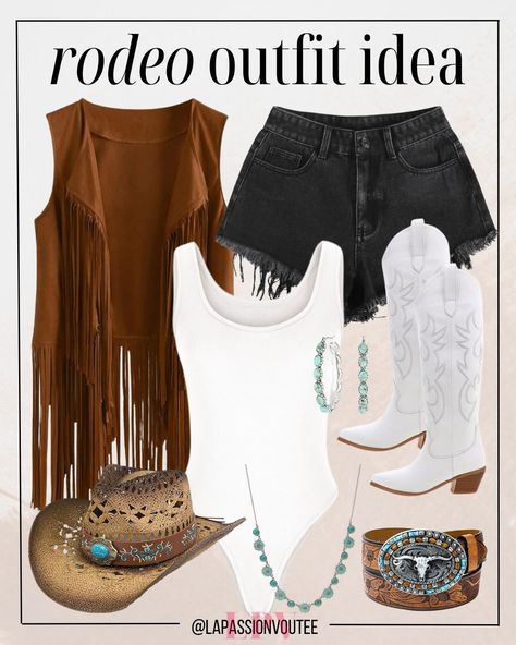 Channel your inner cowgirl with this edgy rodeo ensemble! Pair black denim jean shorts with a sleek white bodysuit for a chic contrast. Layer on a western fringe suede vest for a touch of boho flair, then accessorize with earrings, a necklace, cowgirl belt, hat, and knee-high boots for a look that's both fierce and fashionable.  women outfits | black women | women western | black women | summer outfit Black And Gold Western Outfit, Western Outfit Ideas For Women, Hoedown Outfit, Women Outfits Black, Western Outfit Ideas, Outfit Ideas For Black Women, Cowgirl Belt, Outfits Black Women, Summer Brunch Outfit