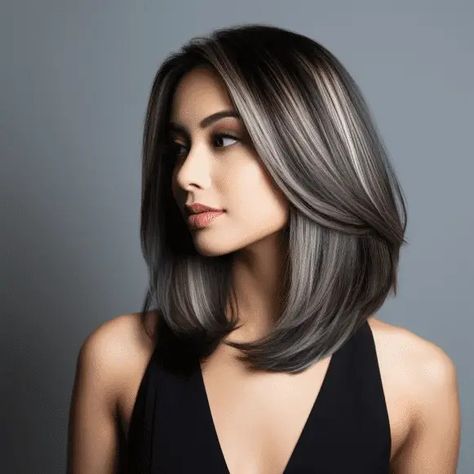 Gray And Brown Hair Color, Hair Lowlights, Brown Hair With Silver Highlights, Dark Brown Hair With Highlights, Gray Blending, Rambut Brunette, Hairstyles Braid, Grey Hair Transformation, Grey Highlights