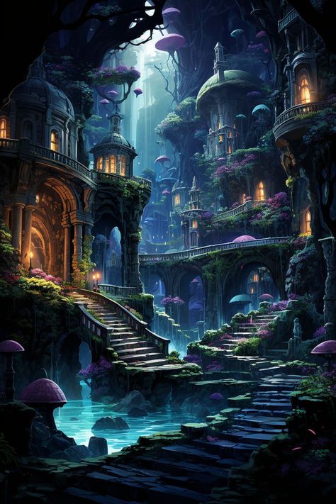 Whimsical Architecture, Mystical Beings, Wallpaper Fantasy, Magic Realms, Landscape Digital Art, Fantasy Cottage, Underground City, Fantasy Wallpaper, Alternate Reality