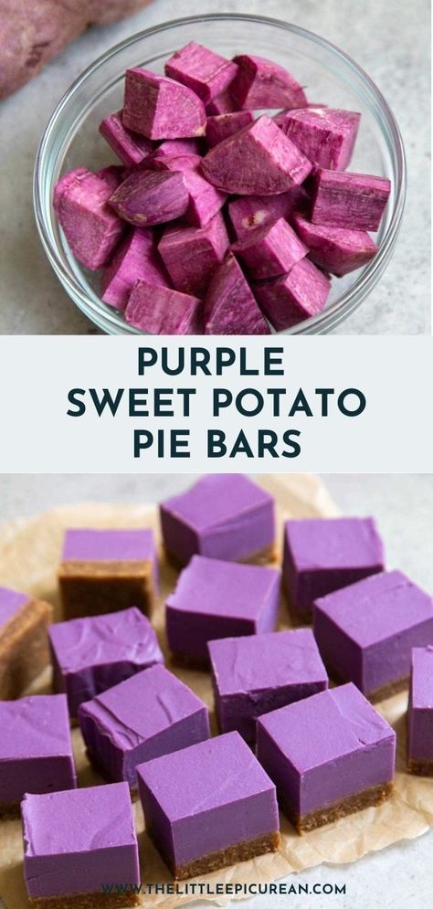 Elevate your dessert game with the unique allure of Purple Sweet Potato Pie Bars. Vegan purple sweet potato pie bars are perfect for the holiday season. It’s an easy to make dessert that will surely wow even the most jaded guests! Sweet Potato Pie Bars, Purple Sweet Potato Pie, Sweet Potato Dessert, Homemade Churros, Pie Brownies, Gluten Free Sweet Potato, Make Dessert, Sweets Bar, Potato Muffins