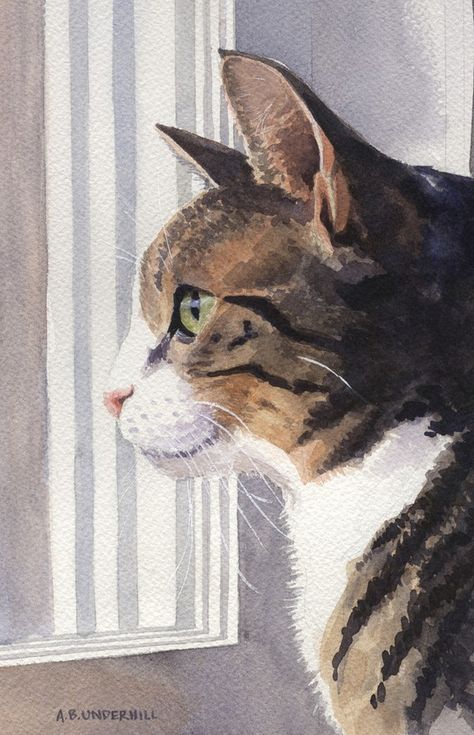 Image Chat, Looking Out The Window, Cat Artwork, Watercolor Cat, Cats Illustration, Arte Animal, Watercolor Inspiration, Cat Portraits, Cat Painting