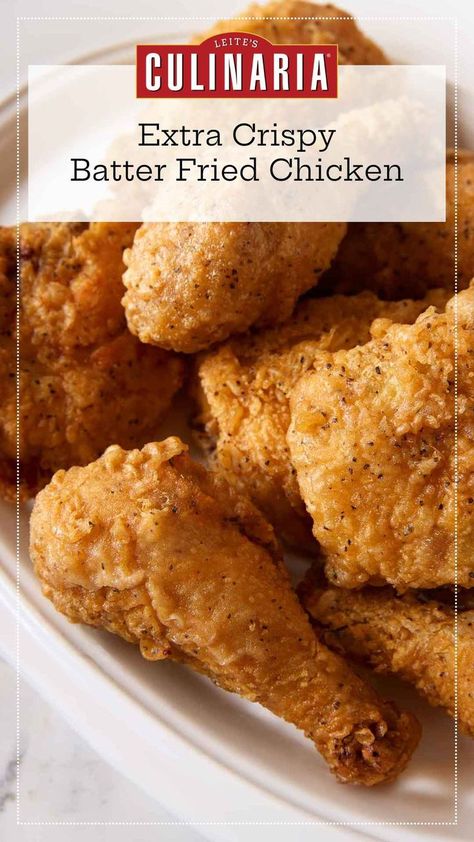 Pieces of batter-fried chicken piled on a white platter. Wet Batter Fried Chicken, Fried Chicken With Flour, Kitchen Calling, Batter Fried Chicken, Fried Chicken Brine, Beer Battered Chicken, Battered Chicken, Fried Chicken Batter, Perfect Fried Chicken