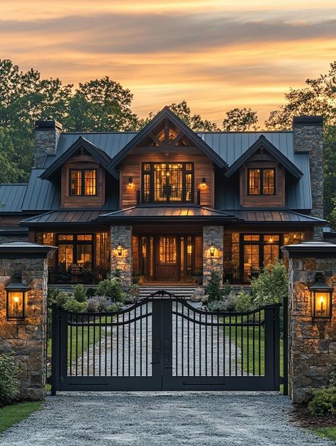 Wrapped Around Porch House, Country Dream House Ranch Style, Big Cozy House Exterior, Rustic House Outside, Gothic Ranch House, Farm House Ideas Architecture, House On Land Country, Rustic Modern House Exterior, House Designs Exterior Farmhouse