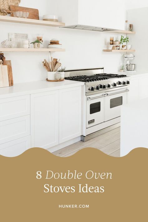 If a double oven stove sounds like a must-have in the gourmet kitchen of your dreams, read on for our eight picks. #hunkerhome #oven #doubleoven #doubleovenideas #doubleoveninspo Two Stove Kitchen, Wall Oven Vs Range, Double Oven In Small Kitchen, Double Oven Range Kitchen Layout, Large Stove And Oven, Double Oven Kitchen Layout, Double Oven Stove, Samsung Oven, Double Oven Kitchen