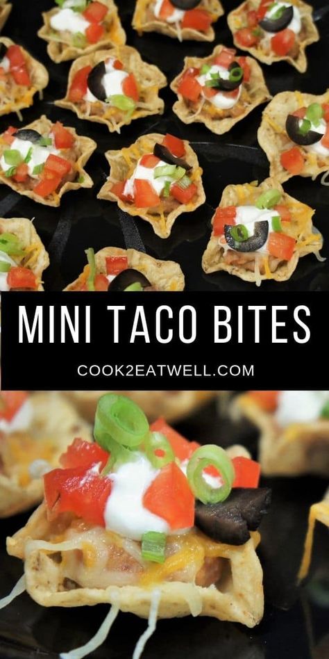 Appertiser Ideas For Party, Finger Foods For A Baby Shower, Mini Taco Appetizer, Mini Taco Bites, Refried Beans And Cheese, Recipe Tortilla, Taco Appetizers, Fall Appetizer, Beans And Cheese