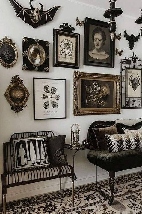 Modern Gothic Interior, Modern Gothic Home, Gothic House Decor, Goth Living Room, Victorian Gothic House, Victorian Gothic Decor, Gothic Living Room, Goth Houses, Gallery Wall Ideas