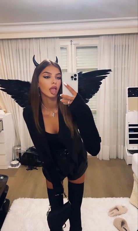 Dark Angel Couple Costume, Dark Devil Costume, Black Outfit Halloween Costume, Black Devil Costume, Black Angel Halloween Costume, Dark Angel Halloween, Dark Angel Halloween Costume, Black Angel Costume, Dark Angel Costume