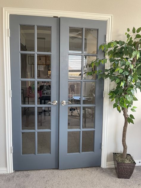 Indoor French Doors Paint, Door And Window Color Ideas, Painted Glass Doors Ideas, Colored French Doors, Interior French Door Color Ideas, Updated French Doors, Window Frame Color Ideas, French Door Color Ideas, Painted Office Doors