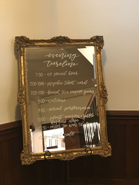 Wedding Schedule Sign Mirror, Order Of Events Wedding Sign Mirror, Mirror Signage, Mirror Signs, Event Agenda, Event Signs, Calligraphy Ideas, Engagement Signs, Italian Romance