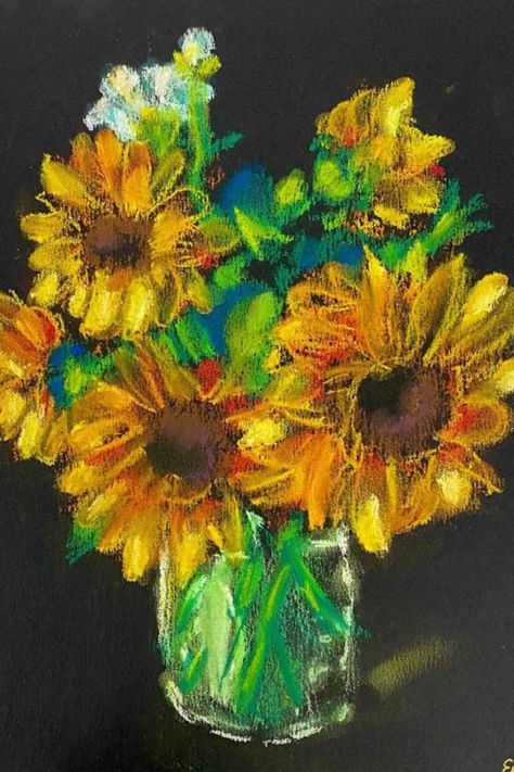 These gorgeous sunflowers were created with chalk pastels by kids ages 10-12! They created beautiful fall bouquets that really stand out against the black paper. Visit the link to see more! Fall Art Ideas, Chalk Pastel Drawings, Thanksgiving Art Projects, Chalk Pastel Art, Soft Pastel Art, Fall Art Projects, Chalk Pastel, Thanksgiving Art, Pastel Paintings