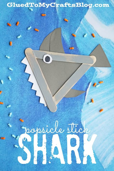 Popsicle Stick Shark - Kid Craft Stick Animals, Shark Week Crafts, Shark Crafts, Under The Sea Crafts, Shark Craft, Sharks For Kids, Popsicle Crafts, Summer Decorations, Sea Crafts