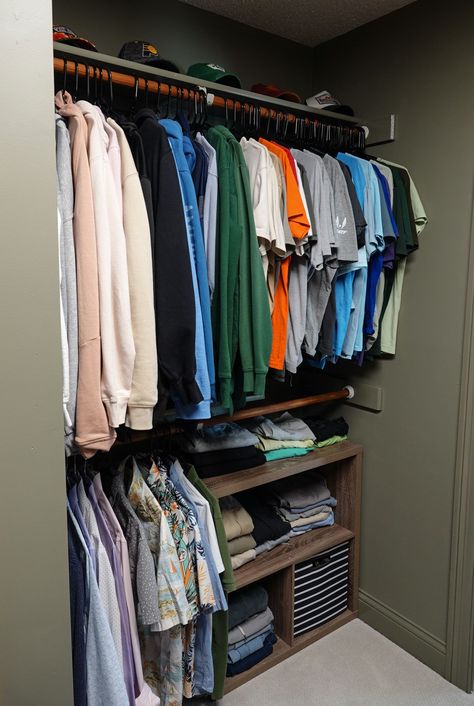 Boys closet makeover Men’s Closet Organize, Boys Closet Ideas, Mens Closet Ideas, Couples Closet Organization, Men’s Closet, How To Organize Clothes, Boys Closet Organization Ideas, Teen Boy Closet, Easy Closet Makeover