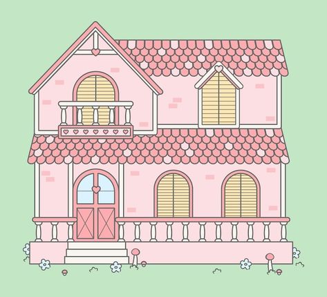 Hello Kitty House Drawing, Barbie House Drawing, Kawaii House Drawing, Cute Buildings Drawing, Cute Home Drawing, House Cute Drawing, Paper Doll Home, Doll House Illustration, Doll House Drawing