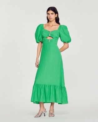 Sandro Paris Long flowing dress with an openwork pleated neckline adorned with rhinestone jewellery, voluminous short sleeves and a flounce at the bottom of the skirt. <ul s Long Flowing Dresses, Dress With Rhinestones, Embellished Midi Dress, Black Silk Dress, Paris Dresses, Pleated Bodice, Maxi Robes, Green Midi Dress, Chiffon Maxi Dress