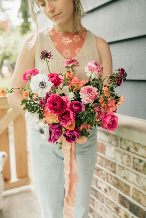 Colorful, pinks, berries, anemone, ranunculus, whimsical, etherial wedding bouquet Magenta Bouquet, Spring Flower Bouquet, Berry Wedding, Bouquet Photo, Berry Color, Wedding Portfolio, Seattle Wedding, Bridesmaid Bouquet, Wedding Florist