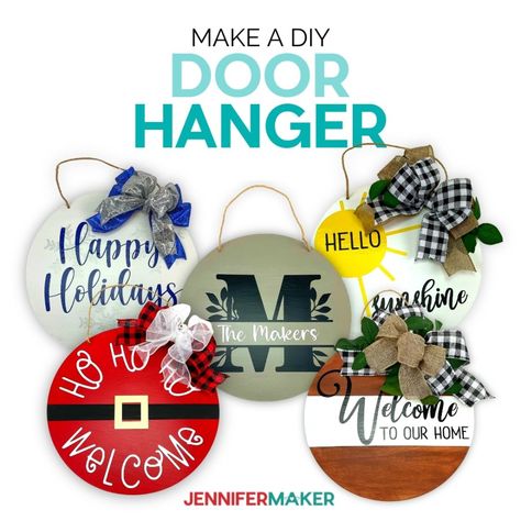 Round Wood Disc Crafts, How To Make Door Hangers, Cricut Phone Case Ideas, Christmas Door Hangers Diy, Diy Pokeball, Cricut Decor, Christmas Door Hangers, Craft Signs, Jennifer Maker