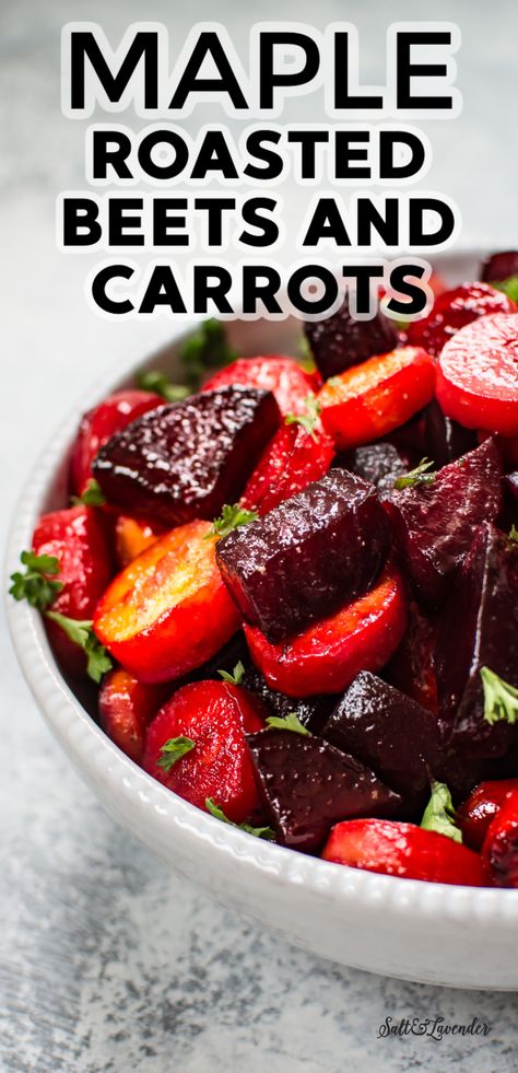 This maple roasted beets and carrots recipe is an easy, colorful, and healthy side dish. It's the best side dish for your holiday table and uses simple everyday ingredients! Roasted Beets Recipe Balsamic Vinegar, Maple Roasted Beets And Carrots, Roasted Beets And Carrots Oven, Canned Beets Recipe Side Dishes, Beets For Thanksgiving, Best Roasted Beets, Roasted Beets And Carrots With Feta, Air Fryer Beets And Carrots, Bake Beets In Oven