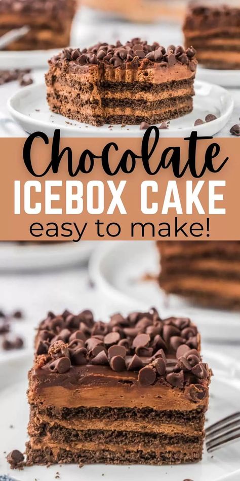 You are going to love this simple no bake chocolate icebox cake recipe.  This chocolate ice box cake with graham crackers is easy to make and tastes amazing too.  This is one of my favorite no bake dessert recipes.  Everyone loves this chocolate ice box cake recipe! #eatingonadime #nobakedesserts #chocolatedesserts #iceboxcakerecipes Cream Cheese Ice Box Cake, Chocolate No Bake Cake, Ice Box Cake Recipes Pioneer Woman, Chocolate Icebox Cake Recipes, Chocolate Icebox Dessert, Chocolate Ice Box Cake Graham Crackers, Chocolate Refrigerator Dessert, No Bake Desserts With Graham Crackers, Easy Icebox Desserts