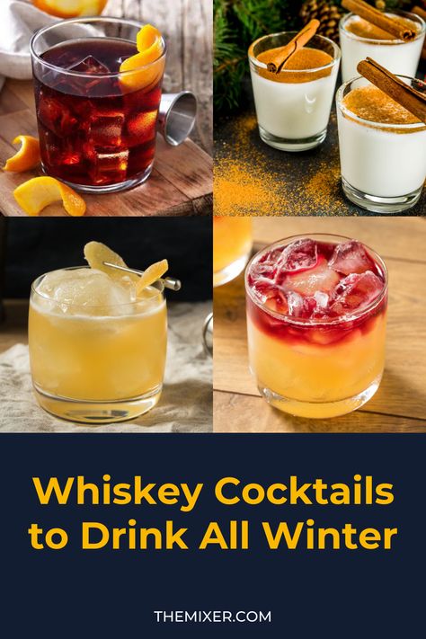 Freezing cold days call for a drink that can stand up to even the most blustery winds, and that drink is whiskey. From the classic Whiskey Sour to a festive Eggnog, our selection of Whiskey Cocktails serves up all the warm snuggly feels we love about winter. Winter Whiskey Sour, Winter Jack Daniels Recipes, Whiskey Winter Cocktails, Winter Whiskey Cocktails, Jameson Whiskey Drinks, Fall Whiskey Cocktails, Winter Drinks Alcoholic, Jack Daniels Recipes, Apple Cider Whiskey