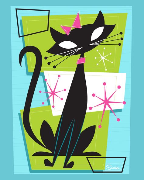 "Atomic Princess Cat" is one of two, fun mid century modern styled high quality prints of retro princess cats by the artist Scooter. All prints are professionally printed, packaged, and shipped. Choose from multiple sizes and mediums. Our Deluxe Prints are printed on Luster Fine Art paper and some sizes come Double Mat Girl Illustration Art, Modern Cat Art, Mid Century Cat, Retro Kunst, High Quality Prints, Modern Cat, Retro Cats, Mid Century Art, Mid Century Modern Art