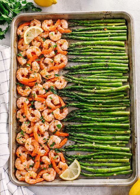 Frozen Cooked Shrimp, Shrimp Asparagus, Lemon Garlic Shrimp, Cheesy Broccoli, Sheet Pan Dinners Recipes, Carlsbad Cravings, Doner Kebab, Honey Balsamic, Shrimp And Asparagus