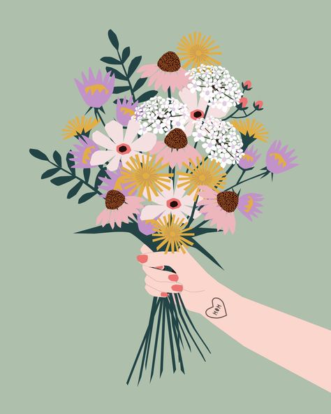 A bunch of flowers for Mother's Day! Hands Holding Flowers, A Bunch Of Flowers, Boric Acid, Illustration Styles, Thank You Mom, Flowers Illustration, Congrats Card, Illustration Art Drawing, Holding Flowers